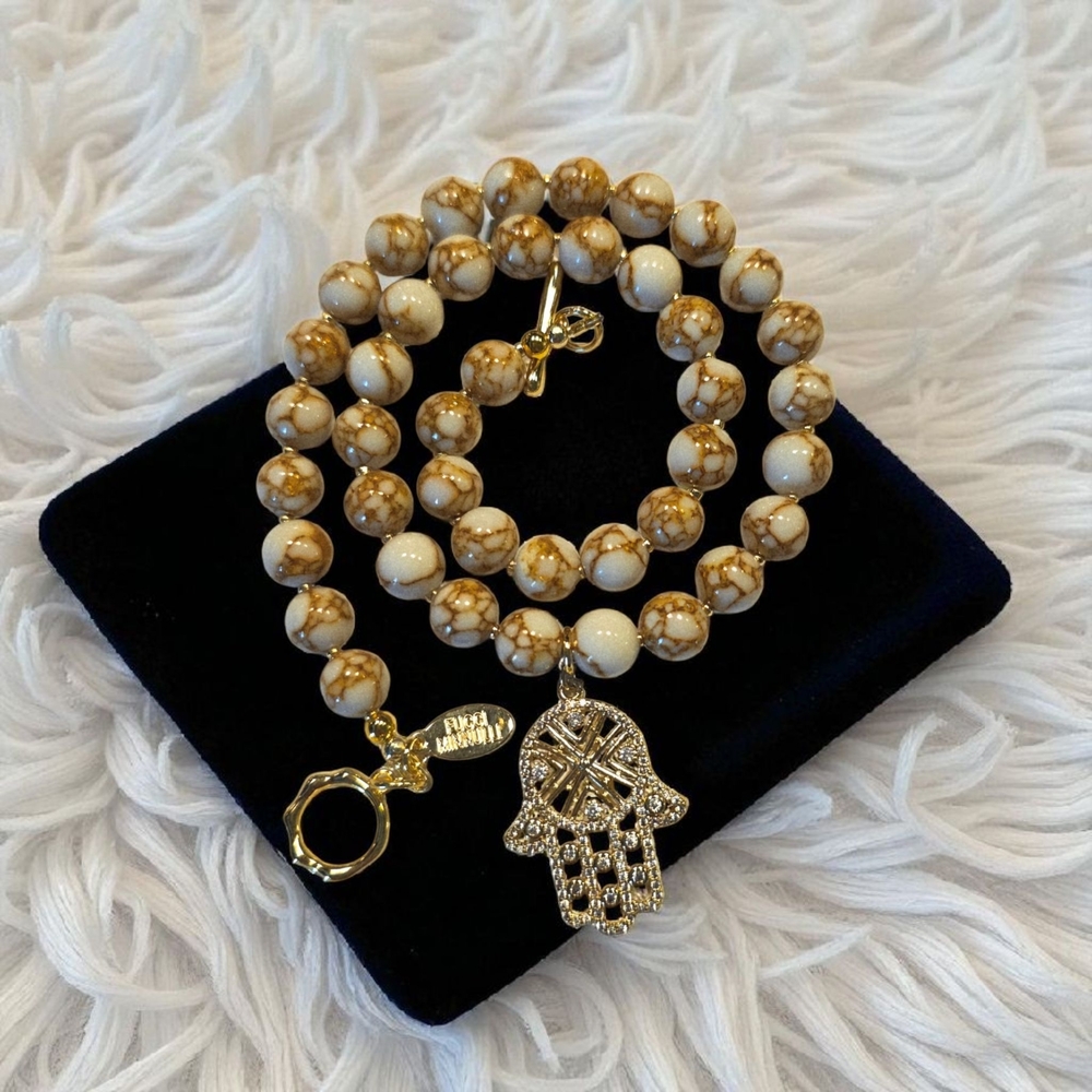 Gold, Tan and Cream Beaded Necklace with Hamsa Charm